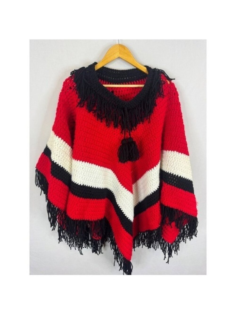 Vintage Handmade Crochet Poncho Red Black White Fringe Tassel Boho Wrap One Size